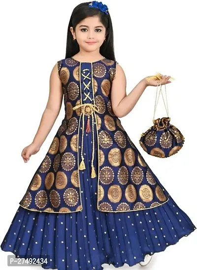 Fabulous Blue Cotton Blend Embroidered Ethnic Dress For Girls-thumb0