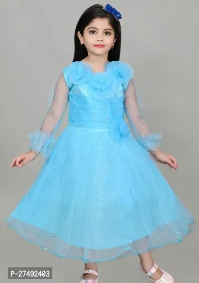 Fabulous Sky Blue Net Embellished A-Line Dress For Girls-thumb0