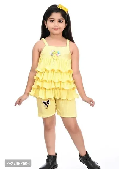 Fabulous Yellow Cotton Blend Solid Two Piece Dress For Girls