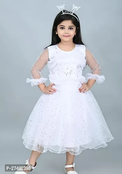 Fabulous White Net Embellished A-Line Dress For Girls