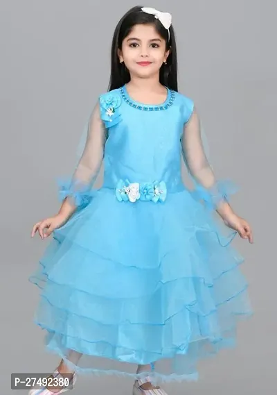 Fabulous Sky Blue Net Embellished A-Line Dress For Girls-thumb0