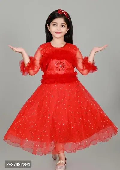 Fabulous Red Net Embellished A-Line Dress For Girls