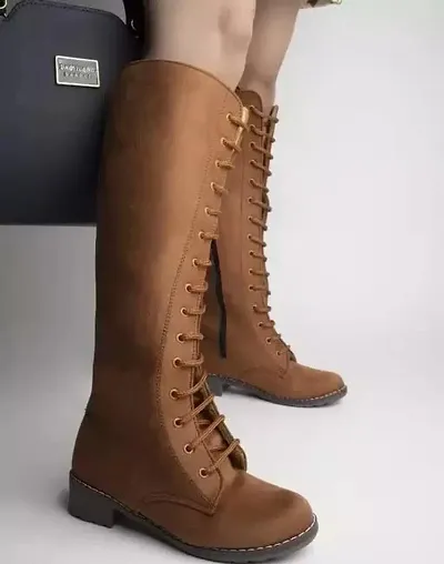 Stylish Brown Leather Solid Flat Boots For Women