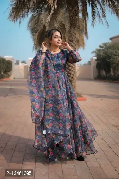 Beautiful Organza Printed Gown With Dupatta For Women