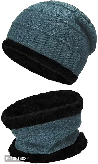 FETE PROPZ Unisex Woolen Beanie Cap Plus Muffler Scarf Set for Men Women Girl Boy - Warm, Snow Proof(Color May Vary -20 Degree Temperature)-thumb0