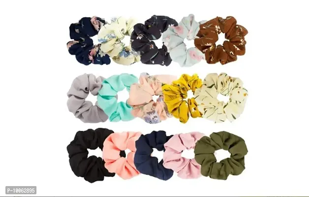 Printed Hair Scrunchies Hair Ponytail Holder in Satin Solid And Valvet Fabric For Girl And Women Multicolor Set Of-15