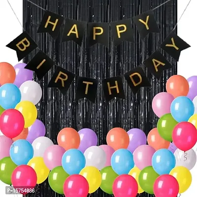 Wonder Birthday Decoration Combo Black Birthday Banner, Black Foil Curtain, Multicolor Balloons Set of 52-thumb0