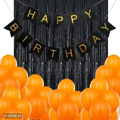 Wonder Party Decoration kit Black Birthday Banner, Black Foil Fringe Curtain and Orange Balloons Birthday Celebration Set of 52-thumb0