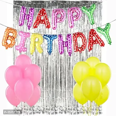 Wonder Kids Birthday Decoration 13 Letter Multicolor Printed Foil Balloon, 20 Yellow Pastel Pink Party Balloon 2 Silver Curtain