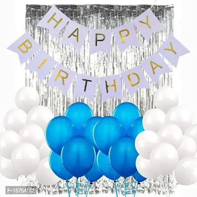 Wonder Balloons Beautiful Birthday Decoration kit Birthday Banner, Silver backdrop curtain, Blue and White Balloons Set of 52