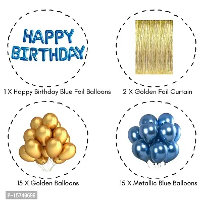 Wonder Decoration Combo Blue Happy Birthday Foil Balloons, Gold Curtain, Metallic Blue, Golden Balloons Set Of 45 Pcs-thumb2