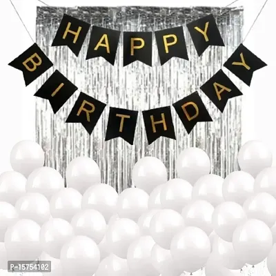 Wonder Party Decoration kit Black Birthday Banner, Silver Foil Fringe Curtain and White Balloons Birthday Celebration Set of 52-thumb0