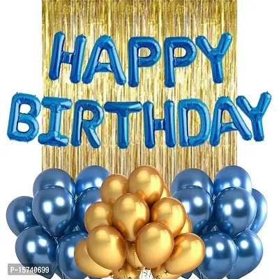 Wonder Decoration Combo Blue Happy Birthday Foil Balloons, Gold Curtain, Metallic Blue, Golden Balloons Set Of 45 Pcs