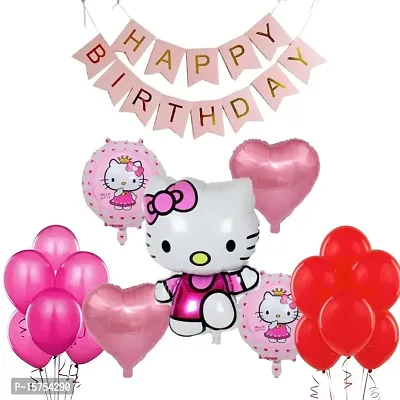 Wonder Balloon Girls Kids Birthday Decoration Combo Hello Kitty 5 Pc, Pink HBD Banner, 30 Metallic Pink Red Party Balloons Set of 36