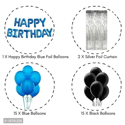 Wonder Happy Birthday Blue Foil Balloons, Silver Foil Backdrop, Blue, Black Balloons Kit Set of 45 Pcs-thumb2