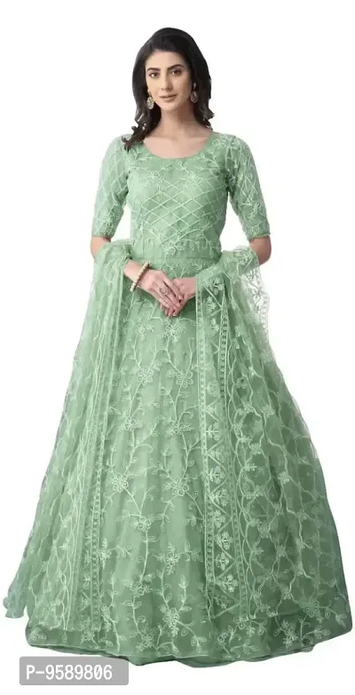 Lakaala Women's Semi-Stitched Fully Embroidered Dresses (Light Green, 4XL)