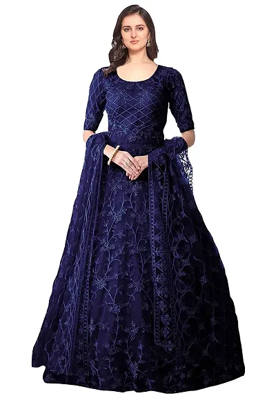 Lakaala Women's Semi-Stitched Fully Embroidered Dresses (Dark Blue, 4XL)