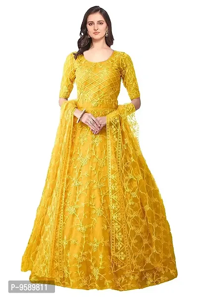 Lakaala Women's Semi-Stitched Fully Embroidered Dresses (Yellow, 4XL)