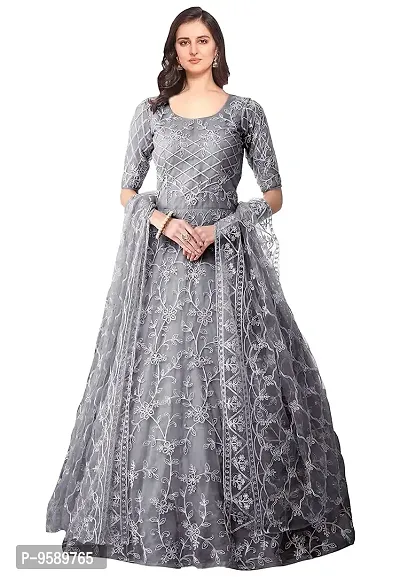 Stylish Silver Net Ethnic Gowns For Women-thumb0