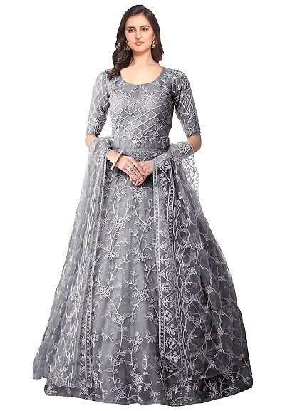 Lakaala Women's Semi-Stitched Fully Embroidered Dress (Silver, 4XL)