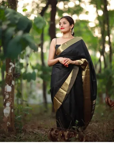 Naishu Trendz Women's Saree Kanjivaram Soft Silk Banarasi Style South Indian Zari Woven With Blouse Piece (Black Prachi Black)