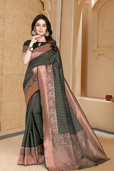 ROBES NEW ARRIVAL Women's Solid LITCHI SILK 5.5 Meter Saree with Unstitched Blouse Piece (GREEN