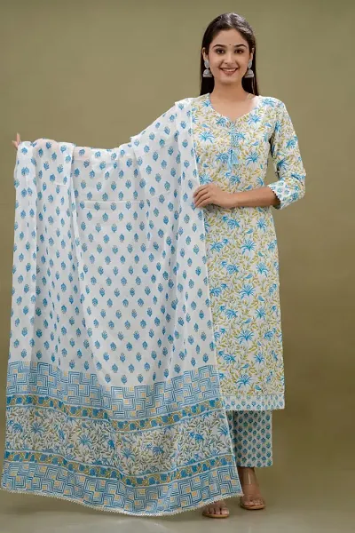 Trendy Cotton Printed Kurtis with Bottom and Dupatta Set