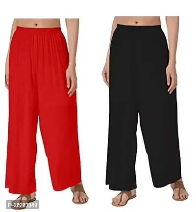 Combo Of RED AND BLACK STYLISH/FANCY Women's and Girls Premium Regular Fit Rayon Palazzo Pant Free Size Up to 4XL ( RED AND BLACK) Set Of 2 Pic