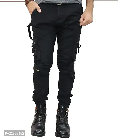 Black Color Cargo 6 Pocket Pants Non Stretchable Nero Fit Cargo Jeans for Unisex-thumb0