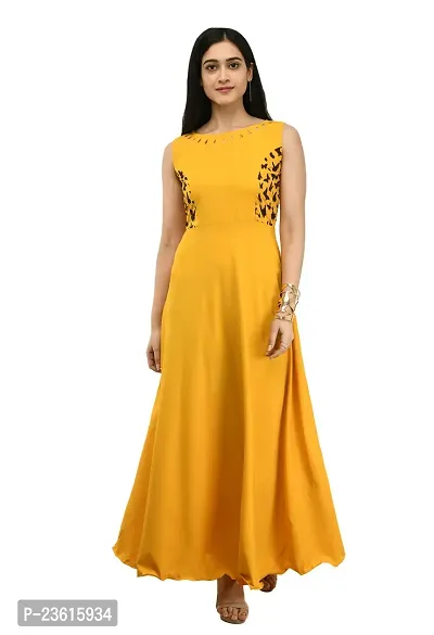 SK Fashion Yellow Color Trendy and Stylish Self Design Crepe Blend Stitched Straight Gown Women Long Fit  Flare Stitched Gown.