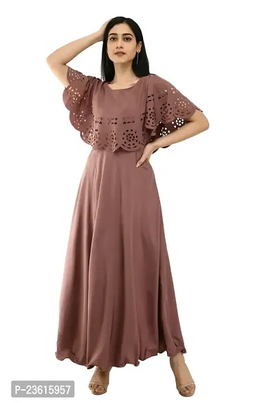 SK Fashion Brown Color Cutwork Trendy and Stylish Self Design Crepe Blend Stitched Straight Gown Women Long Fit  Flare Stitched Gown