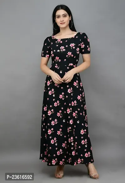 SK Fashion Black Color Printed Trendy and Stylish Self Design Crepe Blend Stitched Straight Gown Women Long Fit  Flare Stitched Gown.