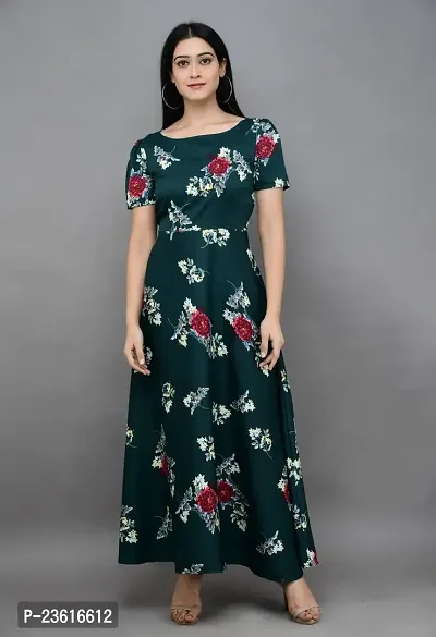 SK Fashion Dark Green Color Printed Trendy and Stylish Self Design Crepe Blend Stitched Straight Gown Women Long Fit  Flare Stitched Gown.