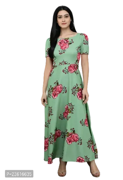 SK Fashion Lime Green Color Printed Trendy and Stylish Self Design Crepe Blend Stitched Straight Gown Women Long Fit  Flare Stitched Gown.-thumb0