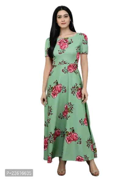 SK Fashion Lime Green Color Printed Trendy and Stylish Self Design Crepe Blend Stitched Straight Gown Women Long Fit  Flare Stitched Gown.