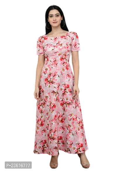 SK Fashion Pink Color Printed Trendy and Stylish Self Design Crepe Blend Stitched Straight Gown Women Long Fit  Flare Stitched Gown.