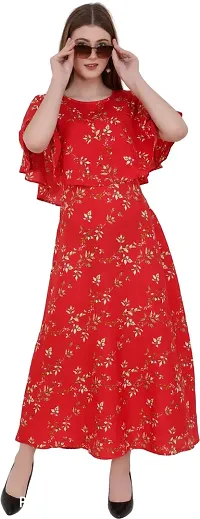 SK Fashion Red Color Printed Trendy and Stylish Self Design Crepe Blend Stitched Straight Gown Women Long Fit  Flare Stitched Gown.