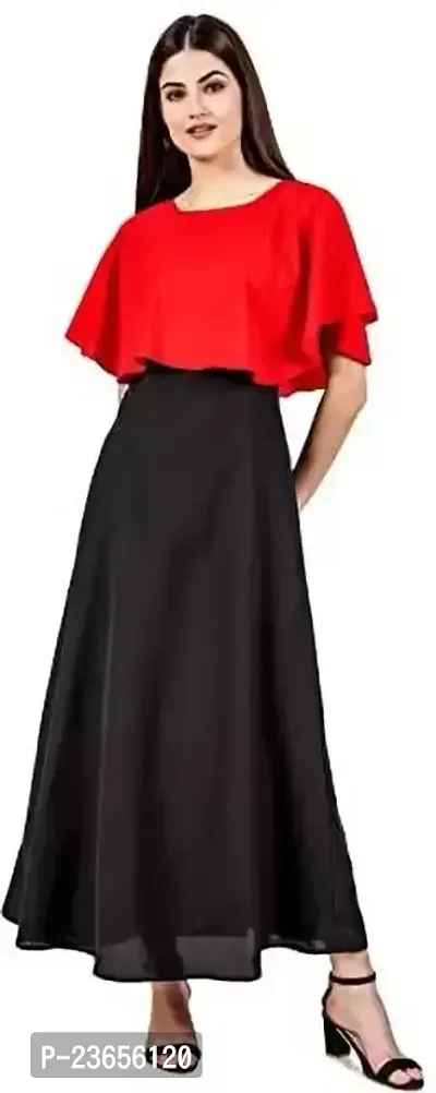 SK Fashion Red and BlackColor Solid Trendy and Stylish Self Design Crepe Blend Stitched Straight Gown Women Long Fit  Flare Stitched Gown.