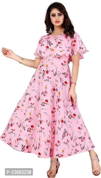 SK Fashion Pink Color Printed Trendy and Stylish Self Design Crepe Blend Stitched Straight Gown Women Long Fit  Flare Stitched Gown.-thumb0