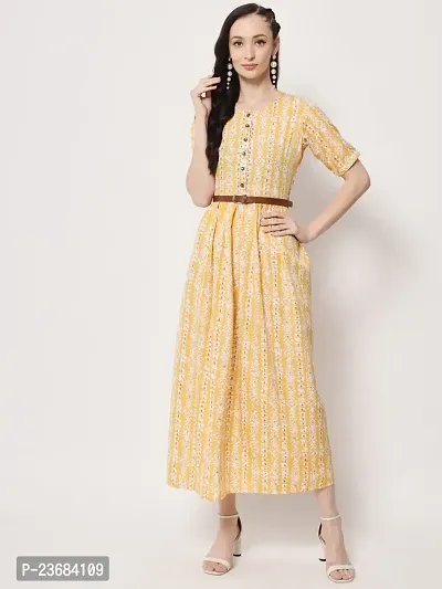 SK Fashion Yellow Color Trendy and Stylish self-Design Crepe Slit Dress For Woman and Girls-thumb0