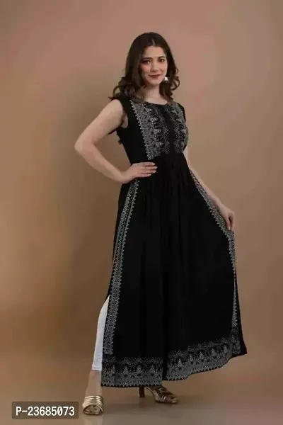 SK Fashion Black  Color Printed Trendy and Stylish Self Design Rayon Blend Stitched Straight  Long Kurti For  Women and Girls-thumb0