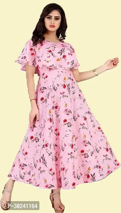 Beautiful Floral Print Pink Crepe Maxi Length Dress For Women-thumb0