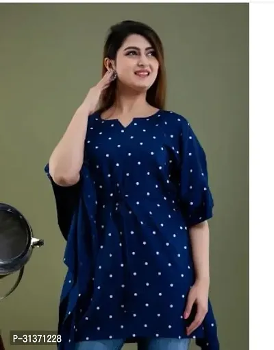 Elegant Navy Blue Rayon Printed Kaftan Top For Women-thumb0