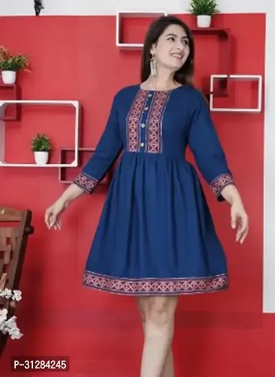 Stylish Blue Rayon Printed A-Line Dress For Women