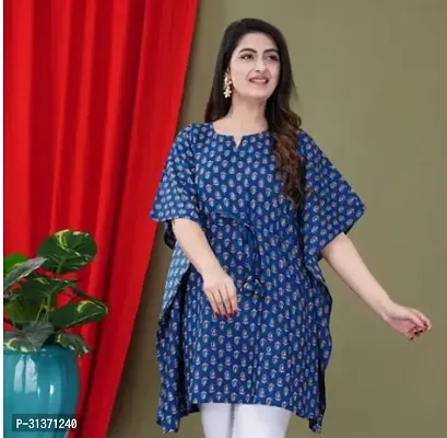 Elegant Navy Blue Rayon Printed Kaftan Top For Women-thumb0