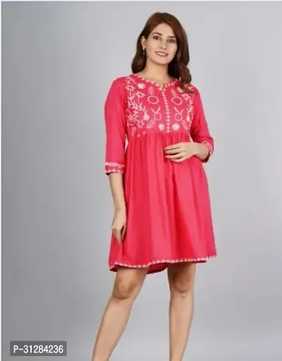 Stylish PINK Rayon Printed A-Line Dress For Women