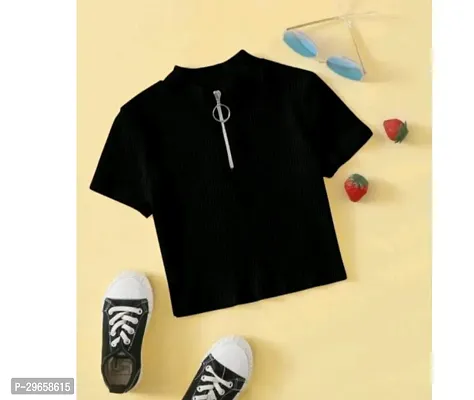 Elegant Black Cotton Blend Solid Tops For Girls