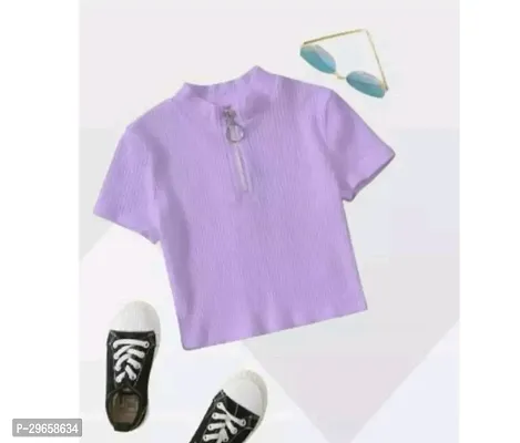 Elegant Purple Cotton Blend Solid Tops For Girls