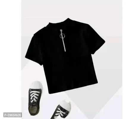 Elegant Black Cotton Blend Solid Tops For Girls