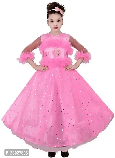 Adorable Pink Net Party Wear Fit And Flare Dress For Girls-thumb0